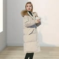 thumbnail image 3 of Winter Women Cotton Jacket with Furry Hood Long Sleeves Pockets Heat Retention Knee Length Zip-up Padded Coat Solid Color Windproof Outwear Parka, 3 of 8