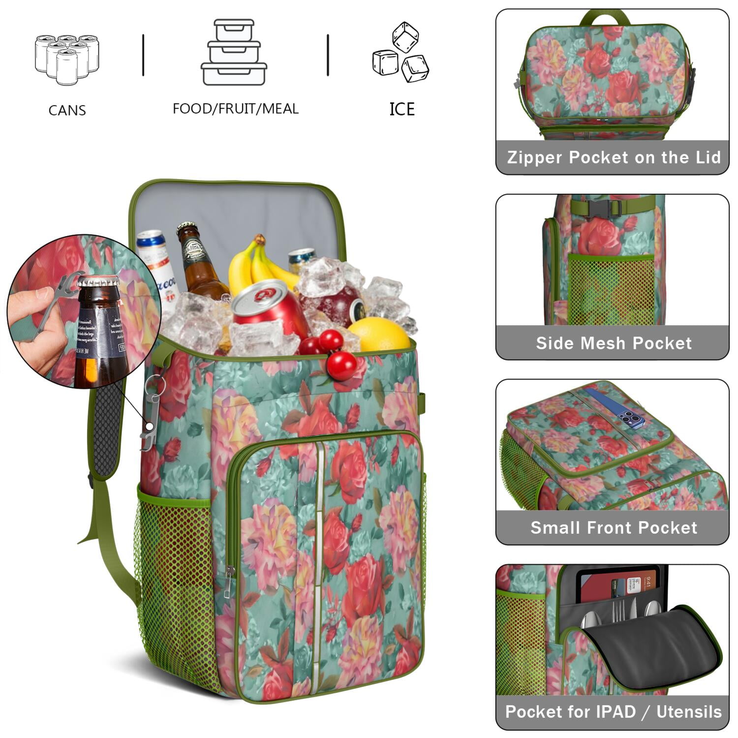 Travel Cooler Bag - Pioneer Flower Floral Print Pattern Camping Beer Cooler Backpack with Bottle Opener- Waterproof Insulated Picnic Backpacks - Cooler Bag for Beach