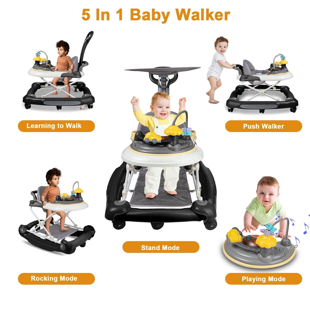 JieC 5-in-1 Baby Walker with Wheels,Infant Toddler Walkers Bouncer for Boys Girls,Black