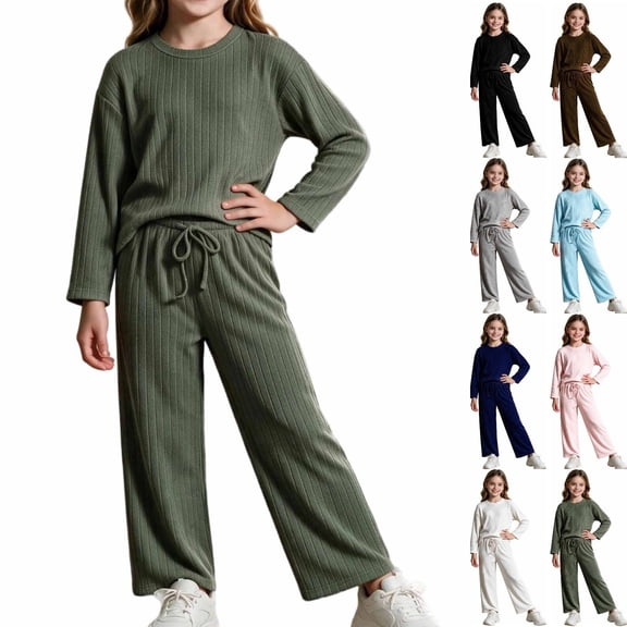 UKHCCC Girls Ribbed Knit 2 Piece Outfit Set, Long Sleeve Crew Neck Pullover Top and Wide Leg Pants, Casual Lounge Set