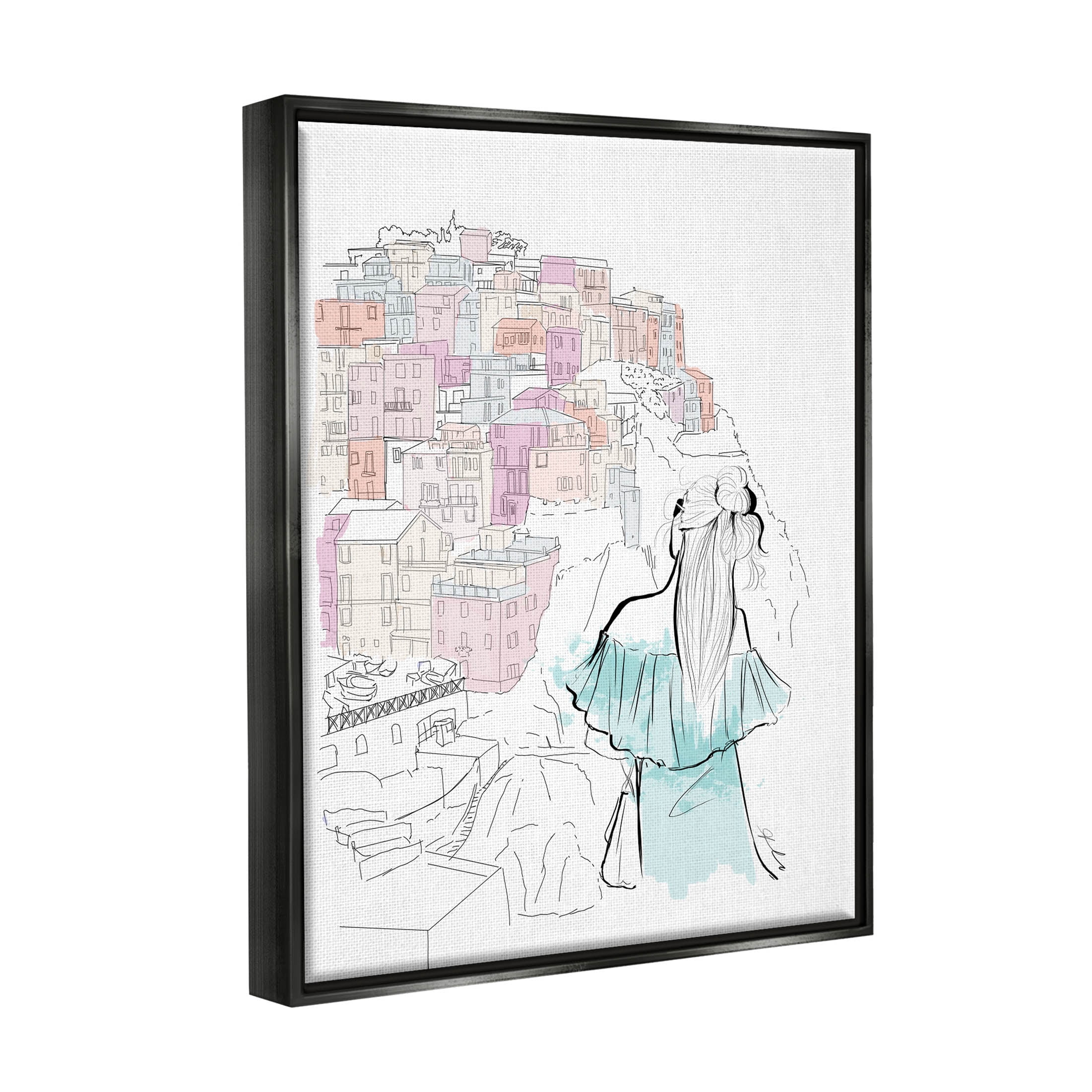 Stupell Industries Stylish Girl Overlooking City Graphic Art Jet Black Floating Framed Canvas Print Wall Art, Design by Alison Petrie
