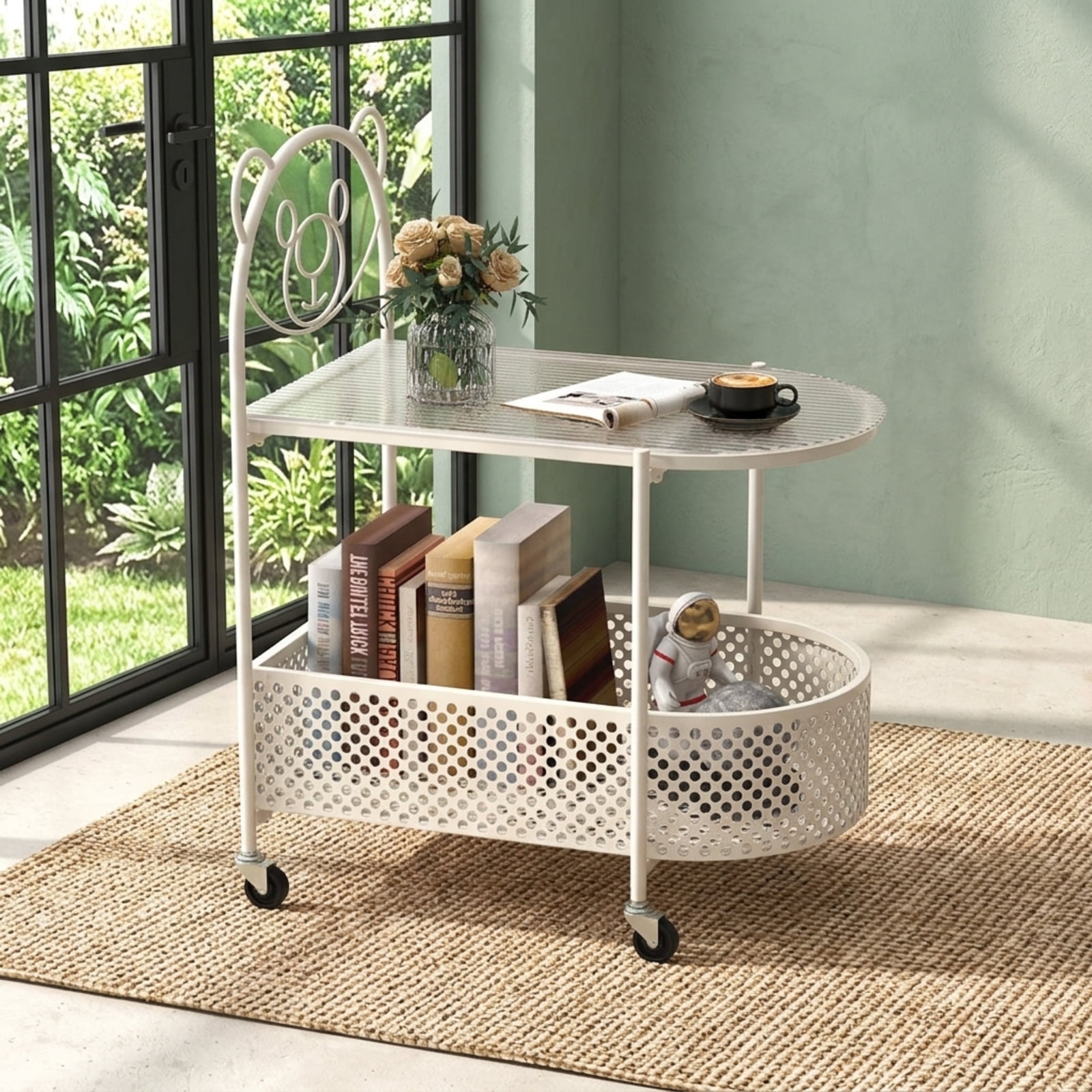 Furnibear 2 Tier Mobile Glass Coffee Table with Rolling Casters and Bear Pattern Storage Basket for the Small Living Room, White