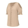 thumbnail image 5 of HLKJKLS T Shirts For Women Lace V Neck Short Sleeve Solid Color Elegant Comfy Soft Casual Vacation Tee Beige S-5Xl, 5 of 9
