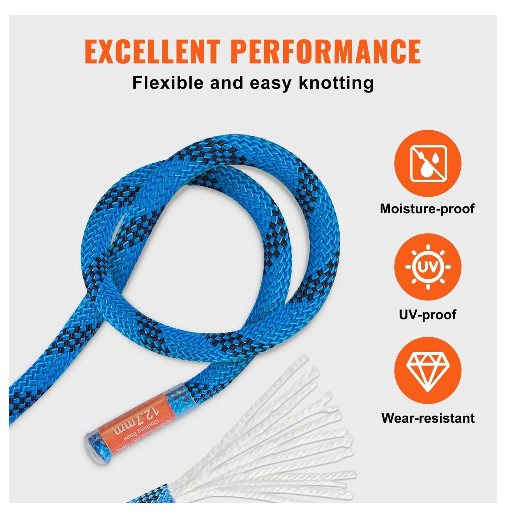 12.7mm Static Climbing Rope 45.7M (150ft) - 32KN Rock Climbing Rope, Polyester Fiber Rope with Snap Hooks for Rappelling, Rescue - Blue