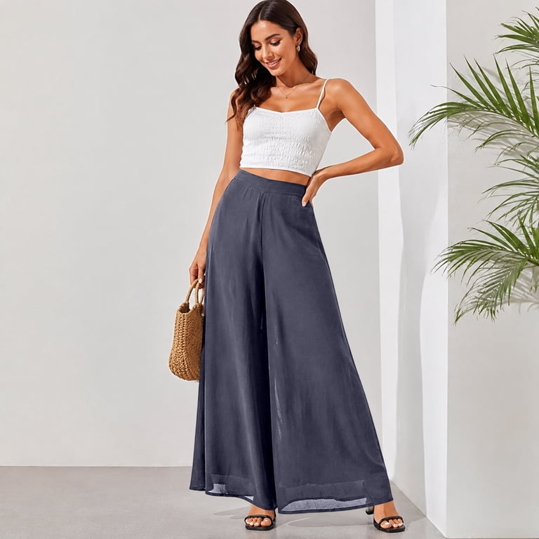 chiffon wide leg dress pants Dwellite Women's Wide Leg Dress Pant Chiffon Dress Elastic Waist Trouser with Pockets 2026 Gray XL