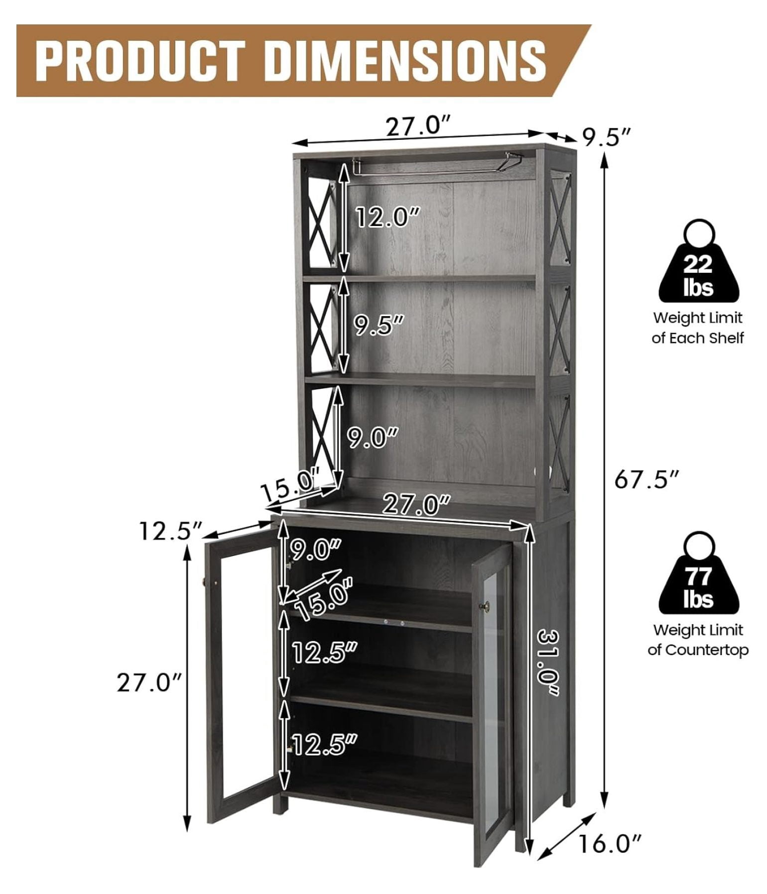 Kitchen Pantry Storage Cabinet, Farmhouse Buffet Hutch with Stemware Rack, Microwave Countertop & Tempered Glass Doors, 67.5" Freestanding Kitchen Hutch with Adjustable Shelf