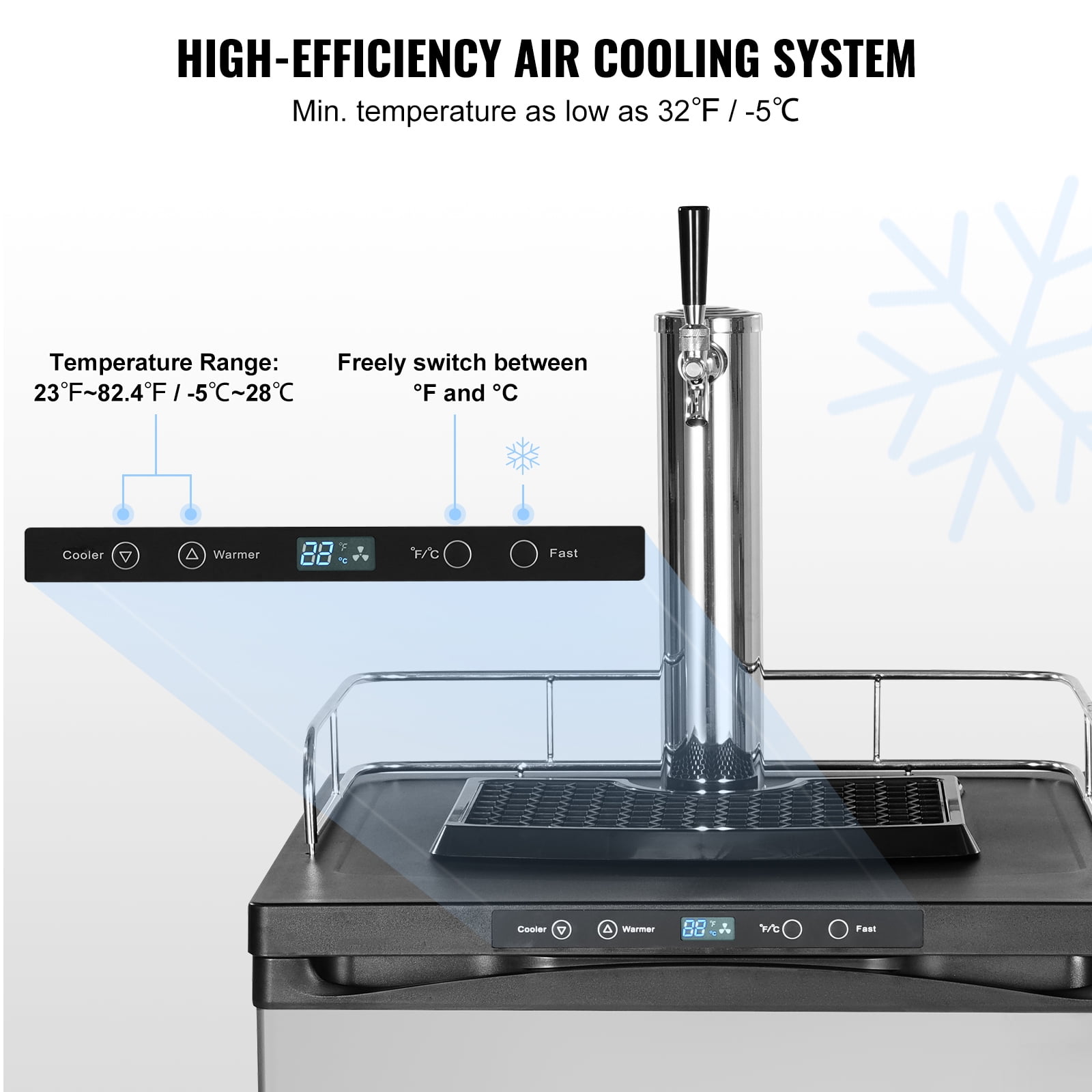 KFFKFF Beer Cooler, 162L Single Faucet Draft Beverage Chiller, Large Capacity Keg Fridge with Storage, CO2 Cylinder (Empty), 23°F- 82.4°F Adjustable Cooling,