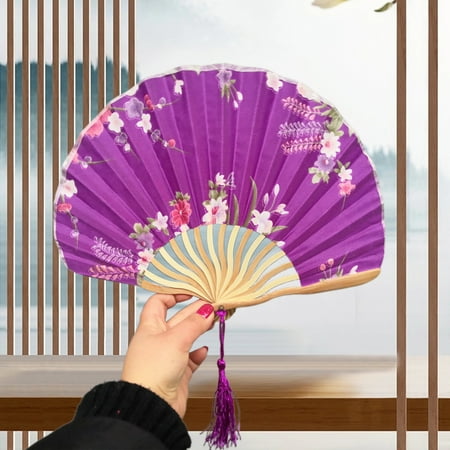 

Wirlsweal Shell Fan No Burr Non-breakable Festival Gift with Tassel Decorative Vintage Style Floral Print Kimono Japanese Style Hand Fan Home Supply