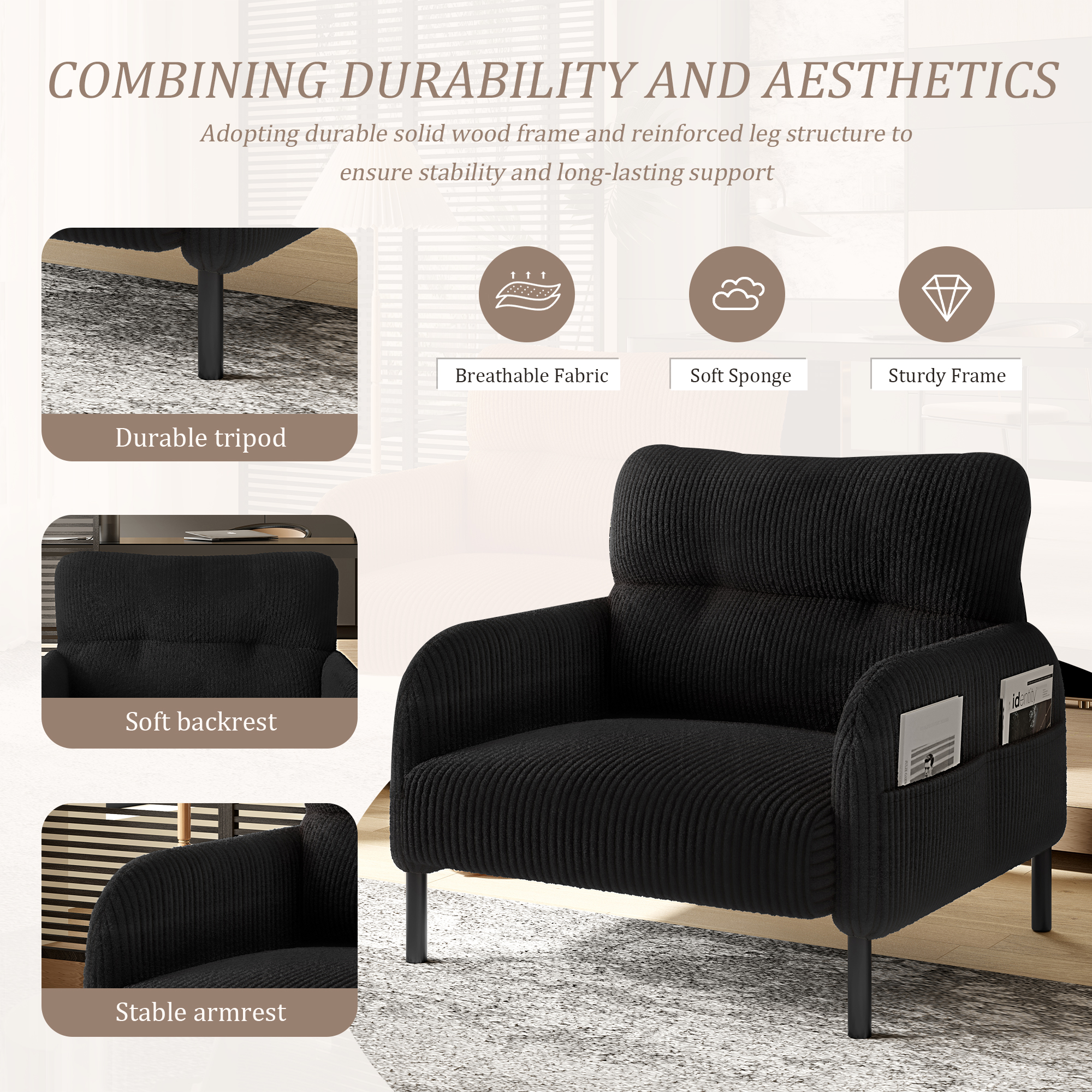 MOONMISS Corduroy Upholstered Comfortable Single Wood Frame Armchair for Living room and Bedroom-Black