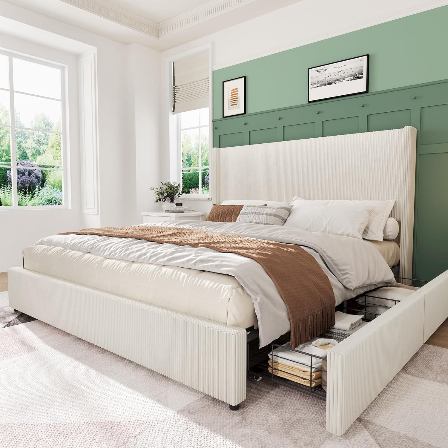 King Size Bed Frame with Storage Drawers, Corduroy Upholstered Platform with Wingback, Tufted Headboard and Footboard, No Box Spring Needed, Beige