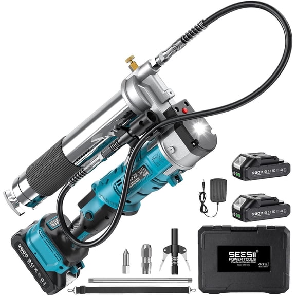 Seesii Cordless Grease Gun 5.3 oz/min 12000 PSI 2-in-1 Electric Grease Gun Kit with 2 * 2.0AH Batteries and Charger, 39.4" Hose & LED Light for Tractors, Trailers, Machine Maintenance
