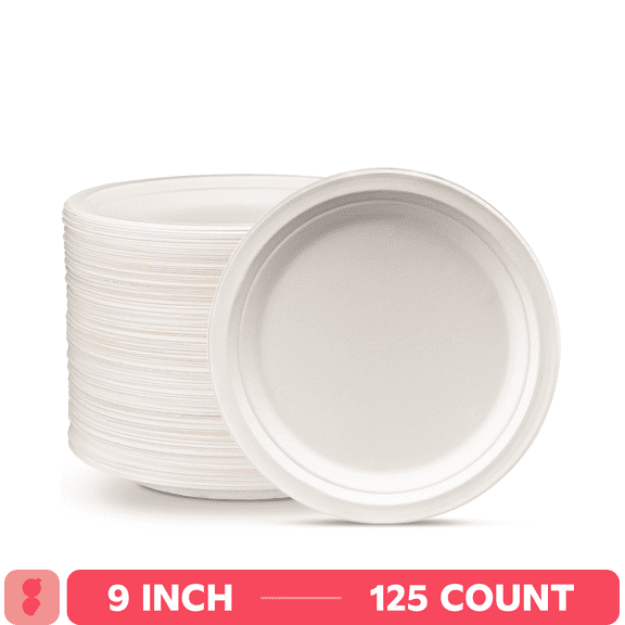 GUSTO 9 Inch 100% Compostable White Paper Plates, Eco-Friendly Heavy Duty Disposable Dinnerware, 125 Count