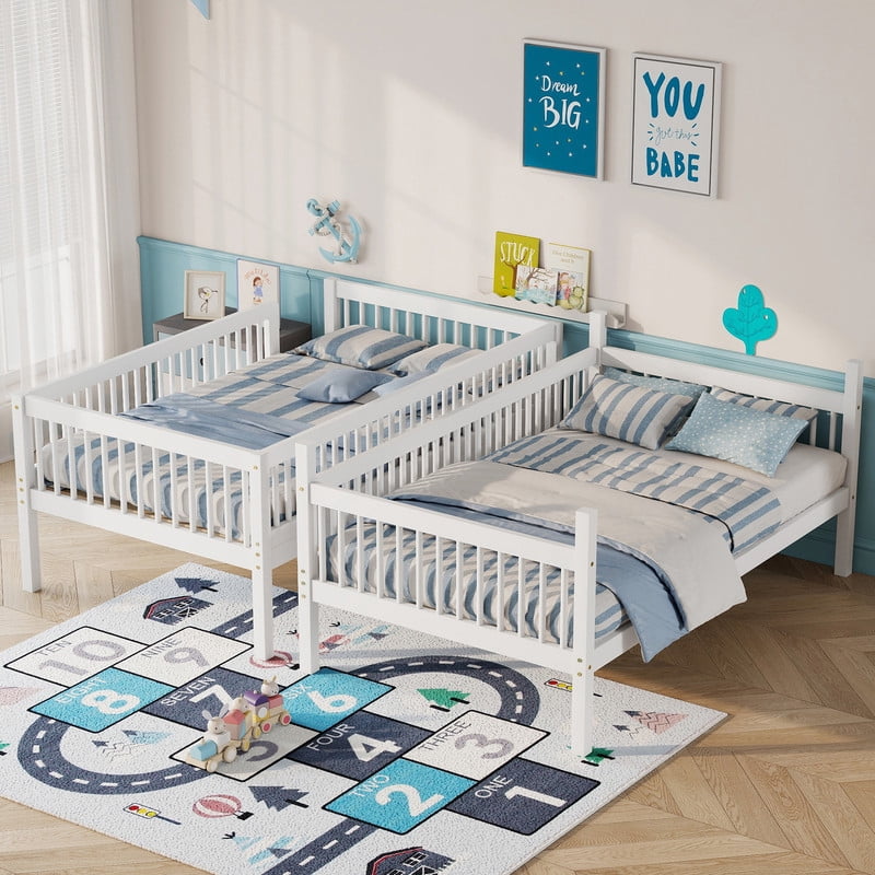 Twin-Over-Twin Size Convertible Kids Bunk Bed into 2 Platform Beds, Teens Wood Bed Frame with Ladder and Safety Guardrails