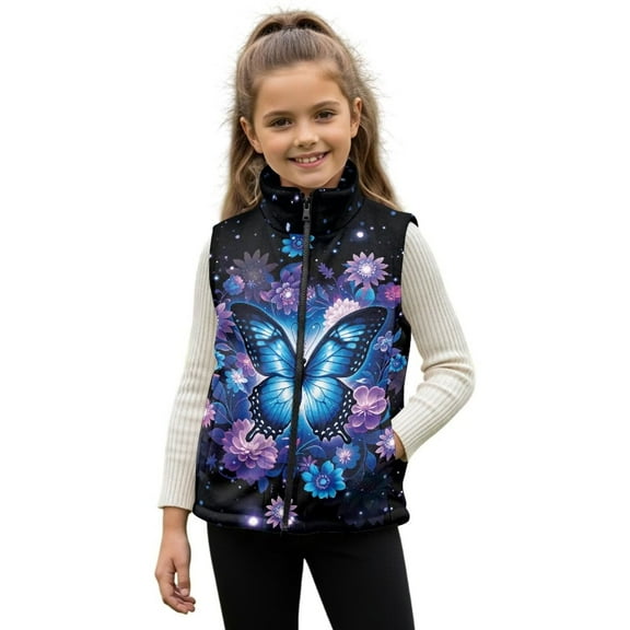 Pzuqiu Butterfly Girls Sleeveless Vests Toddler Girl Clothes Size 2 Comfortable Soft Zipper Winter Sleeveless Jacket with Pockets Lightweight Practical for Outdoor Activities