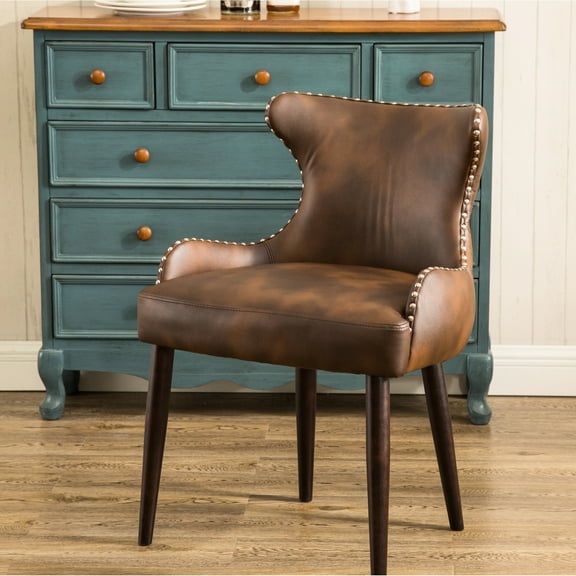 Button Back Chair With Nailhead, Deep Brown Upholstery - Comfortable Padding, Legs Color Soft Faux Leather, Hardwood Construction