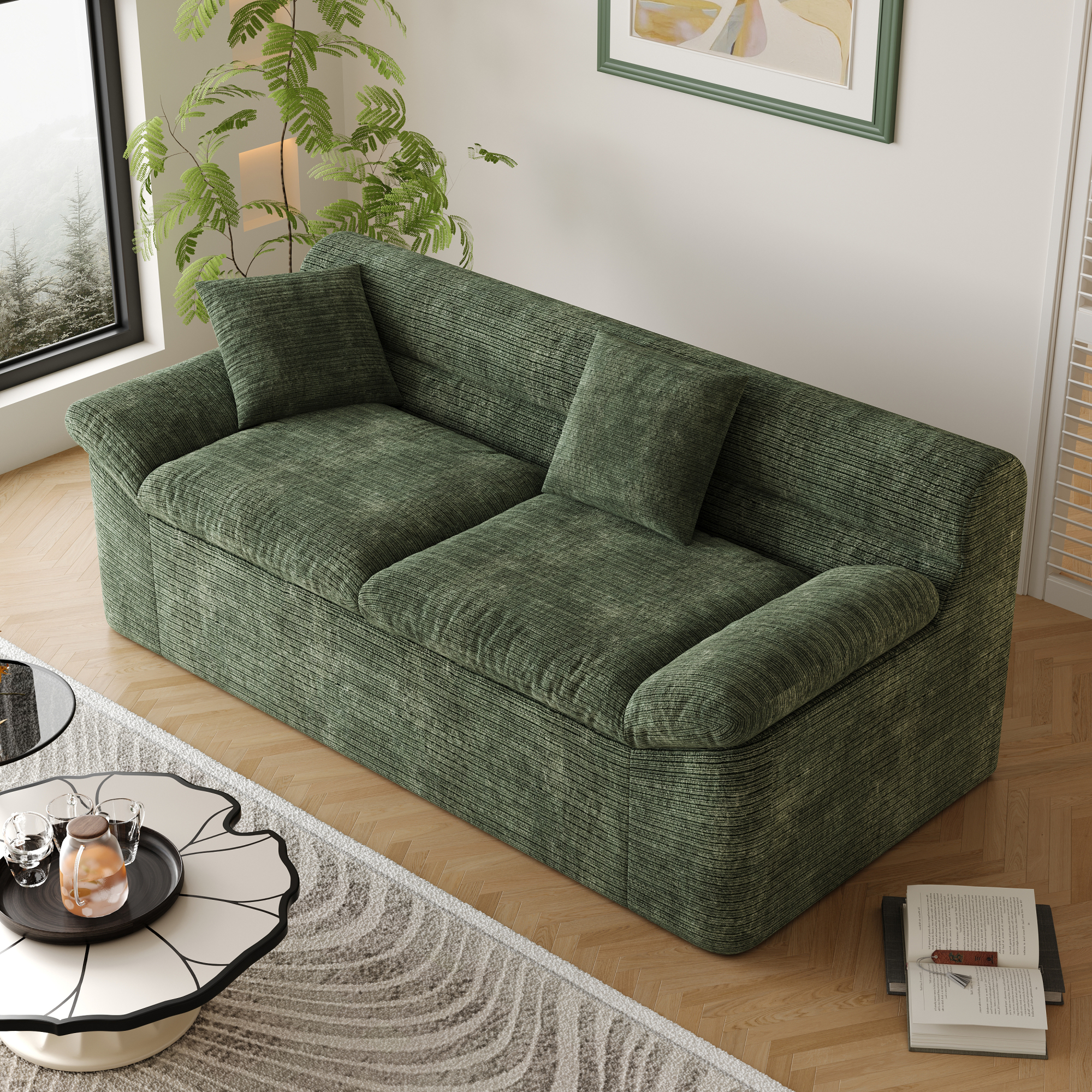 HOQBN 71" Boneless Couch for Living Room,Upholstered Chenille Sofa with Deep Seat Design and 2 Pillows,Comfy Cloud Couch for Bedroom, Office, Apartment, No Assembly,Antique Green