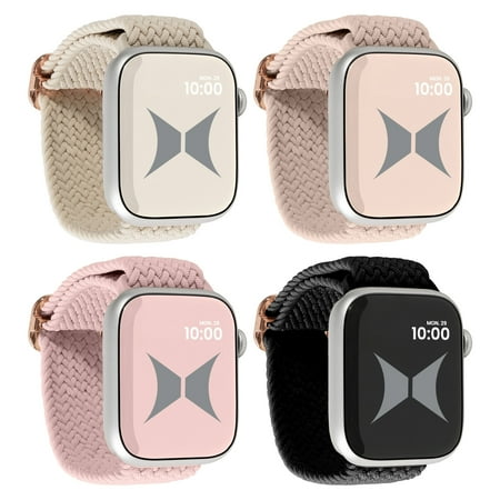 Xtreme Unisex Smart Watch Nylon Braided Elastic Band 4 Pack – Large Size, Breathable, Adjustable, 42/44/45/49 mm, Compatible with Apple Watch Band, Milk Tea, Starlight, Nude Pink Blue Gray.