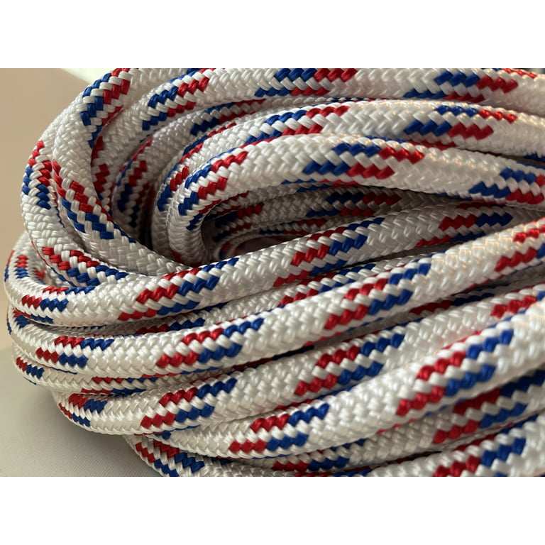 3/8 x 200 ft. Premium Double Braid/Yacht Braid Polyester, White With Red  and Blue Tracers Nautical Rope. Made in USA 