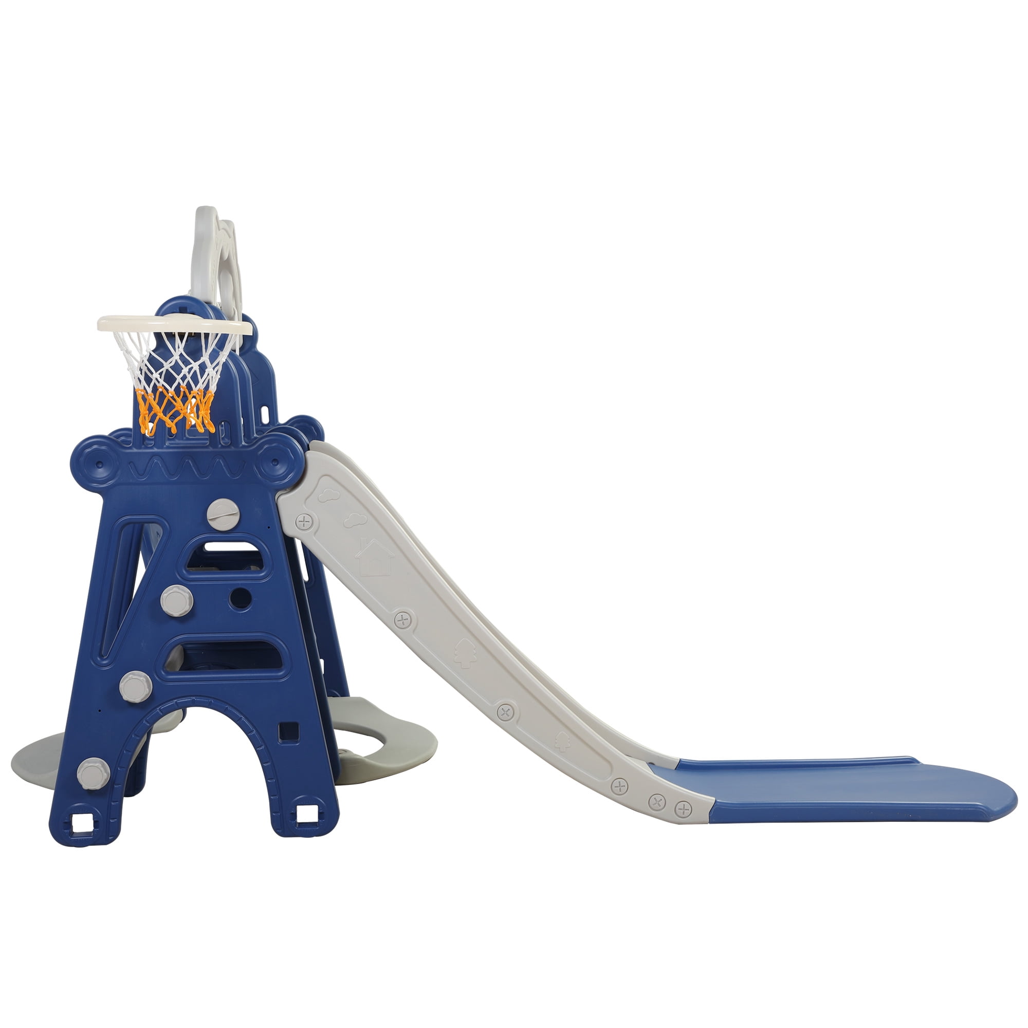 Kids Swing and Slide Set 3-in-1 Slide with Basketball Hoop for Indoor and Outdoor Activity Center,Blue+Gray