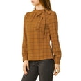 thumbnail image 4 of INSPIRE CHIC Women's Wear-to-Work Tops Checks Bow-Tie Neck Long Sleeve Blouses S Brown, 4 of 8
