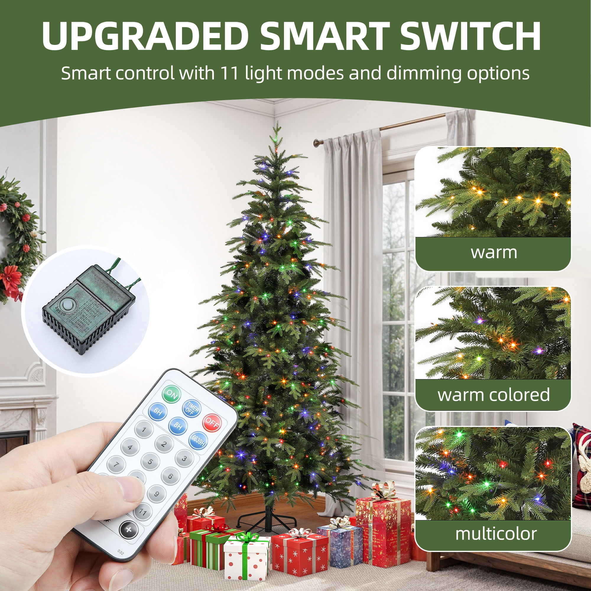 Uforic 6 ft Prelit Slim Pencil Artificial Christmas Tree with 1628 PE&PVC Tips & 300 Lights,11 Light Modes, Green