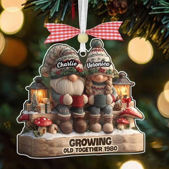 Gnome Couple “Growing Old Together” Christmas Ornament – Custom Couple Keepsake, Wedding Anniversary Gift for Husband, Wife or Grandparents, Holiday Xmas Decoration