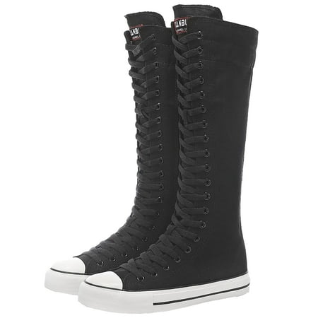 

ANUFER Women Fashion Canvas Dance Boots Knee High Bicycling Boots Girls Fancy School Shoes Black 905 US9.5
