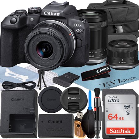 Canon EOS R10 Mirrorless Camera with RF-S 18-45mm + 18-150mm Lens + SanDisk 64GB Memory Card + Case + ZeeTech Accessory Bundle