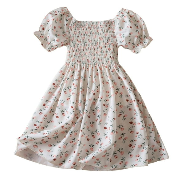 QWIED Girls Dresses Toddler Children Short Puff Sleeve Square Neck Flowers Prints Slim Fit Midi Dress Size 1-2