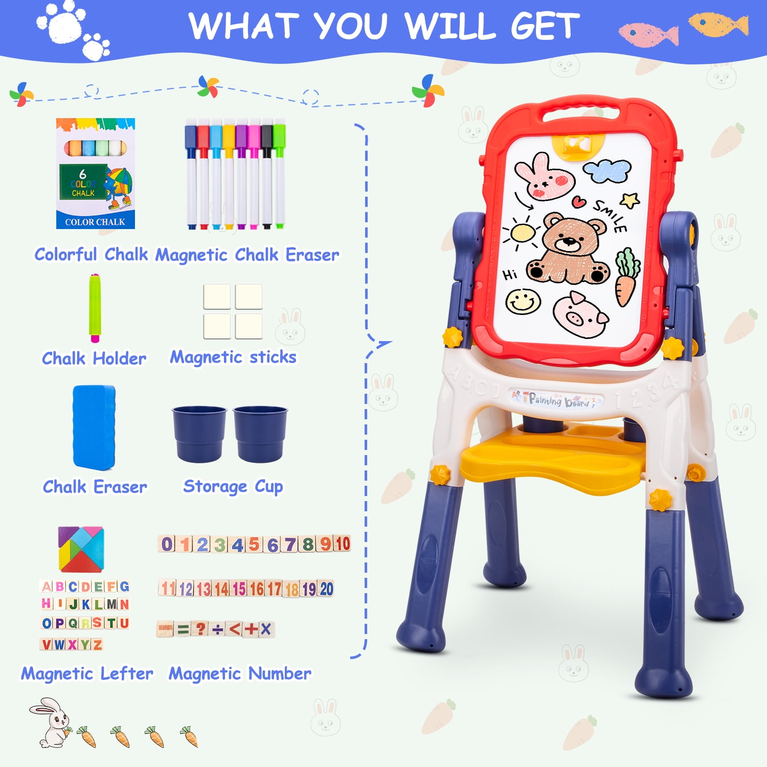 Xueyu Art Easel for Kids, Double Sided Kids Art Easel with Magnetic White Board Chalk Board, Adjustable Standing & Rotatable Toddler Easels with Drawing Accessories, Gift for Boys and Girls-Blue