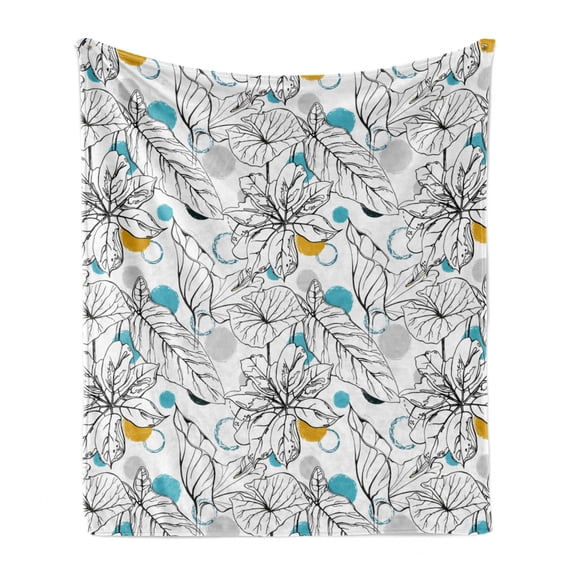 Floral Soft Flannel Fleece Throw Blanket, Paint Blots and Exotic Leaves Flower Drawings, Cozy Plush for Indoor and Outdoor Use, 70" x 90", White Blue Orange, by Ambesonne