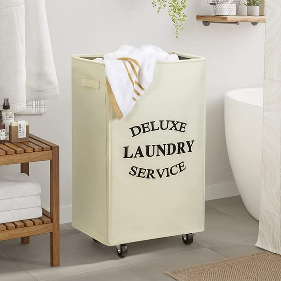 Beige 90L Large Rolling Laundry Basket - Collapsible Tall Rectangular Hamper with Handle for Dorm & Laundry