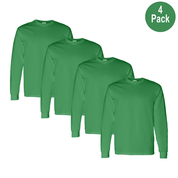 Gildan Men's Heavy Cotton Long Sleeve T-Shirt, Crew Neck Classic Fit Irish Green Bulk Tee, S, 4 Pack