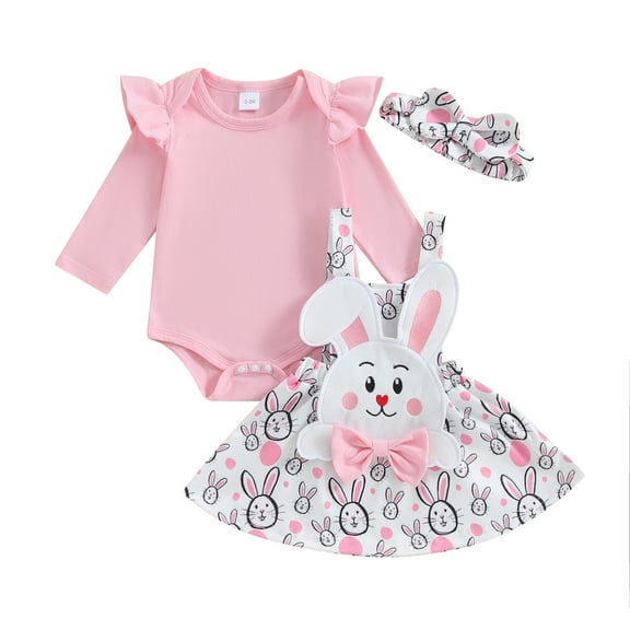 Musuos Baby Girls Easter Skirt Sets 3 6 9 12 18M Long Sleeve Ruffle Romper Tops Bunny/Easter Egg Print Suspender Skirt Headband Sets