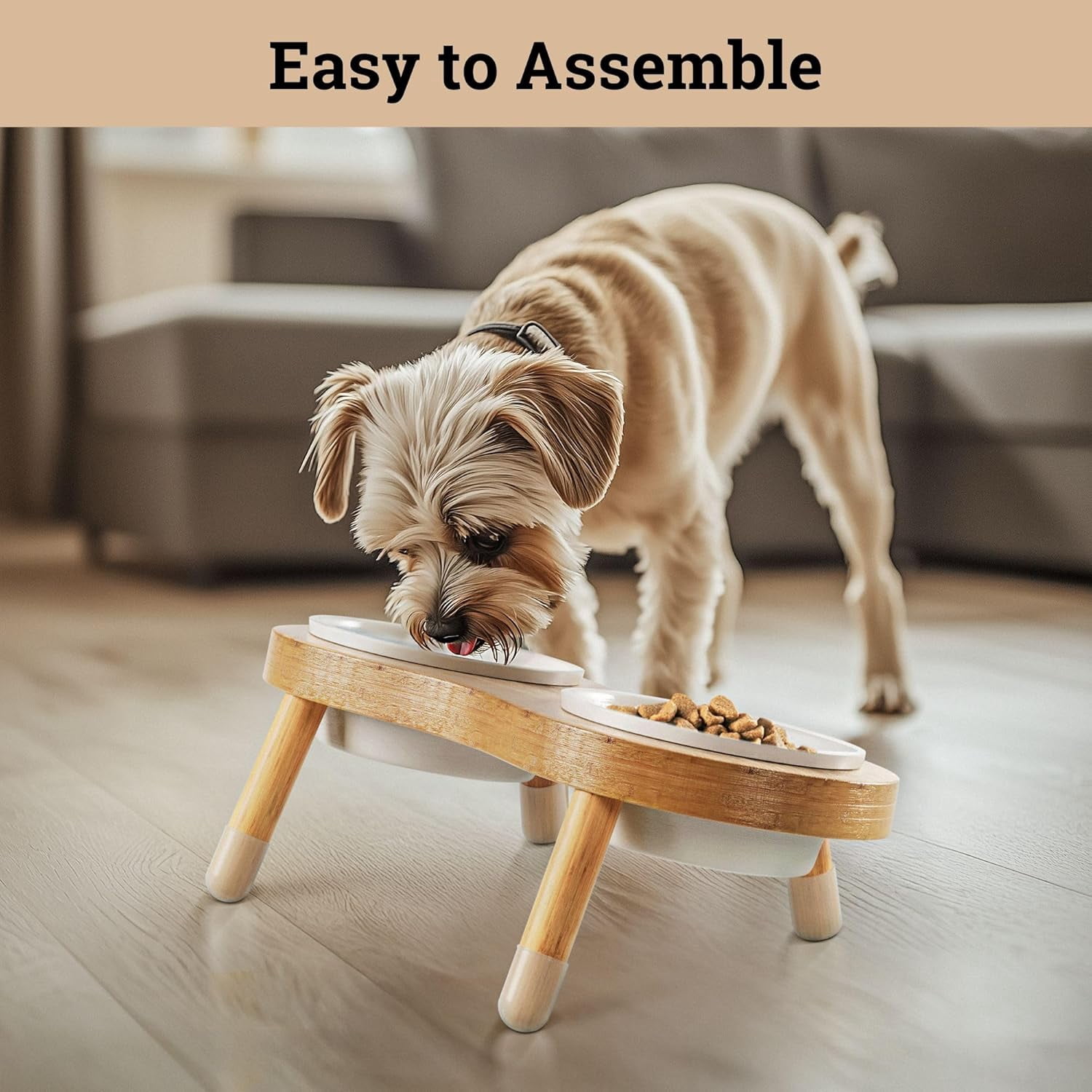 Absorbent Non-Slip Pet Feeding Mat with Elevated Ceramic Cat Bowls, 15° Tilted Bamboo Stand, Quick-Dry Mat for Cats & Small Dogs