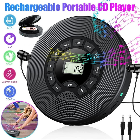 ELEPEX Portable CD Player with Stereo Headset, Personal Anti-Skip CD Music Player with HiFi Speakers, Rechargeable CD Walkman with LCD Display/AUX Output for Home Travel Teens Music Lover - Black