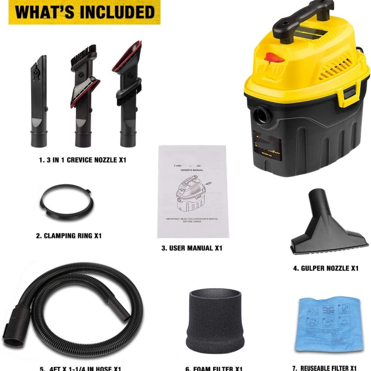 3 Gallon Wet Dry Vacuum, 3 Peak HP Poly 2 in 1 Shop Vac with Powerful Suction, Portable Shop Vacuum Car Vacuum W/ 3 Horsepower Motor for Auto Detailing, Tight Space Garage,Van,Vehicle