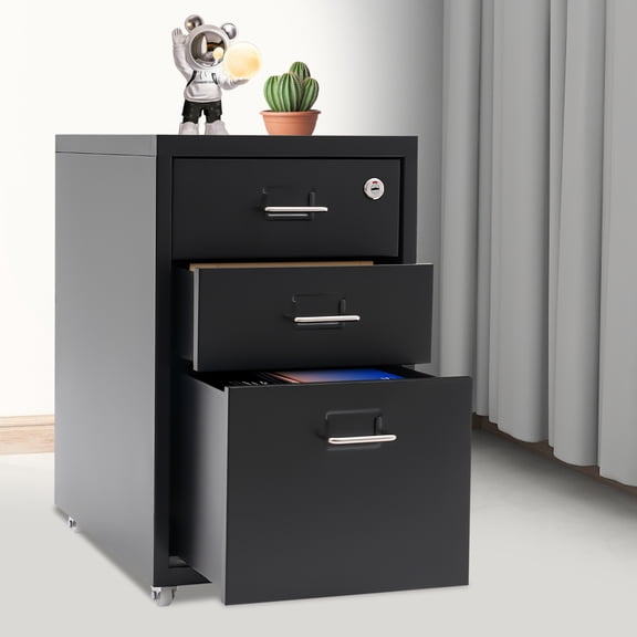 1* Vertical File Cabinet  2* Keys  4* Wheels, Black 3 Tiers Vertical File Cabinet, Metal Mobile File Cabinet with Lock, Filing Cabinet Under Desk