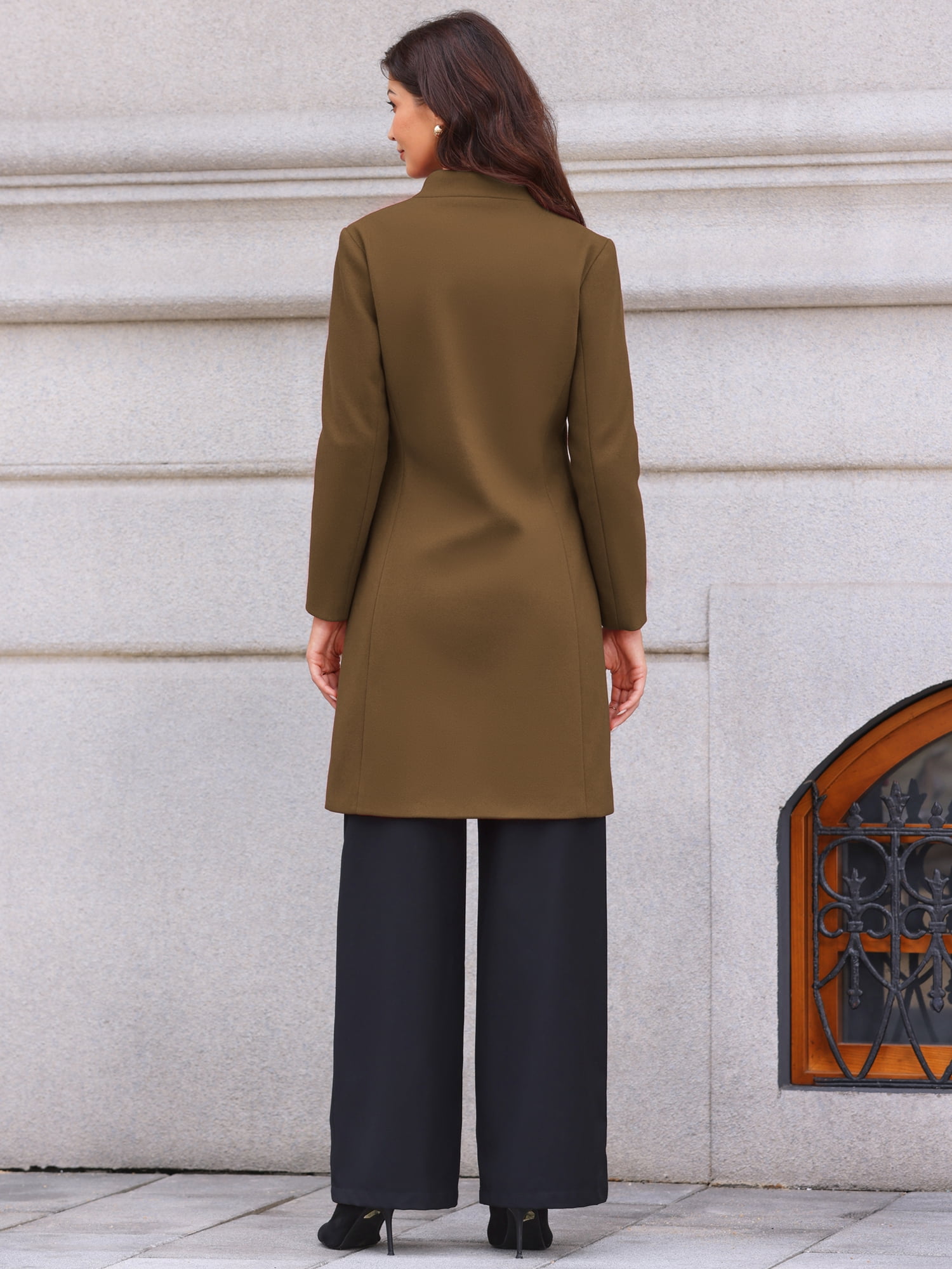 DARING DIVA Women's Stand Collar Mid-Length Overcoat with Pockets XL Brown