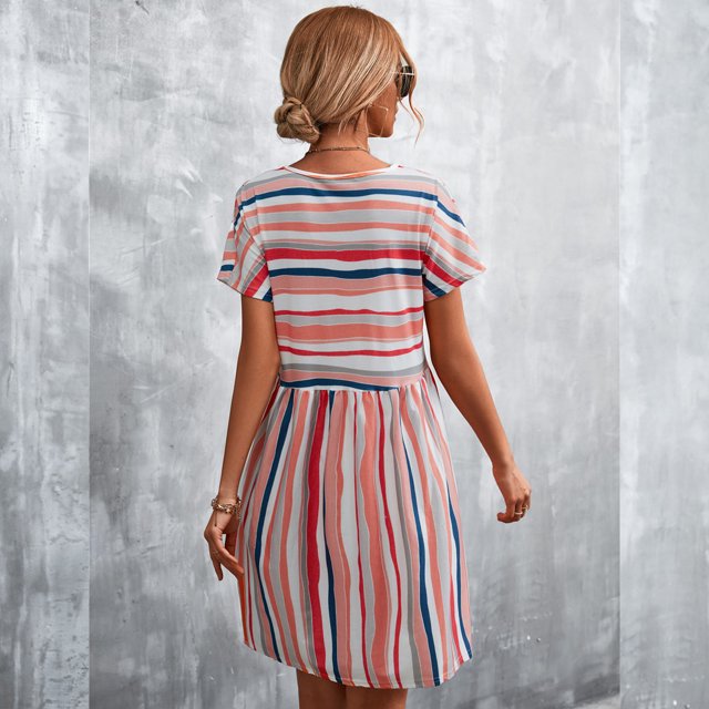 Vestido Suelto Informal Vestido De Verano Mujer Vestido De Manga Corta Estampado A Rayas Cuello Redondo Estilo Casual Naranja Rosa S Ccdes Otros