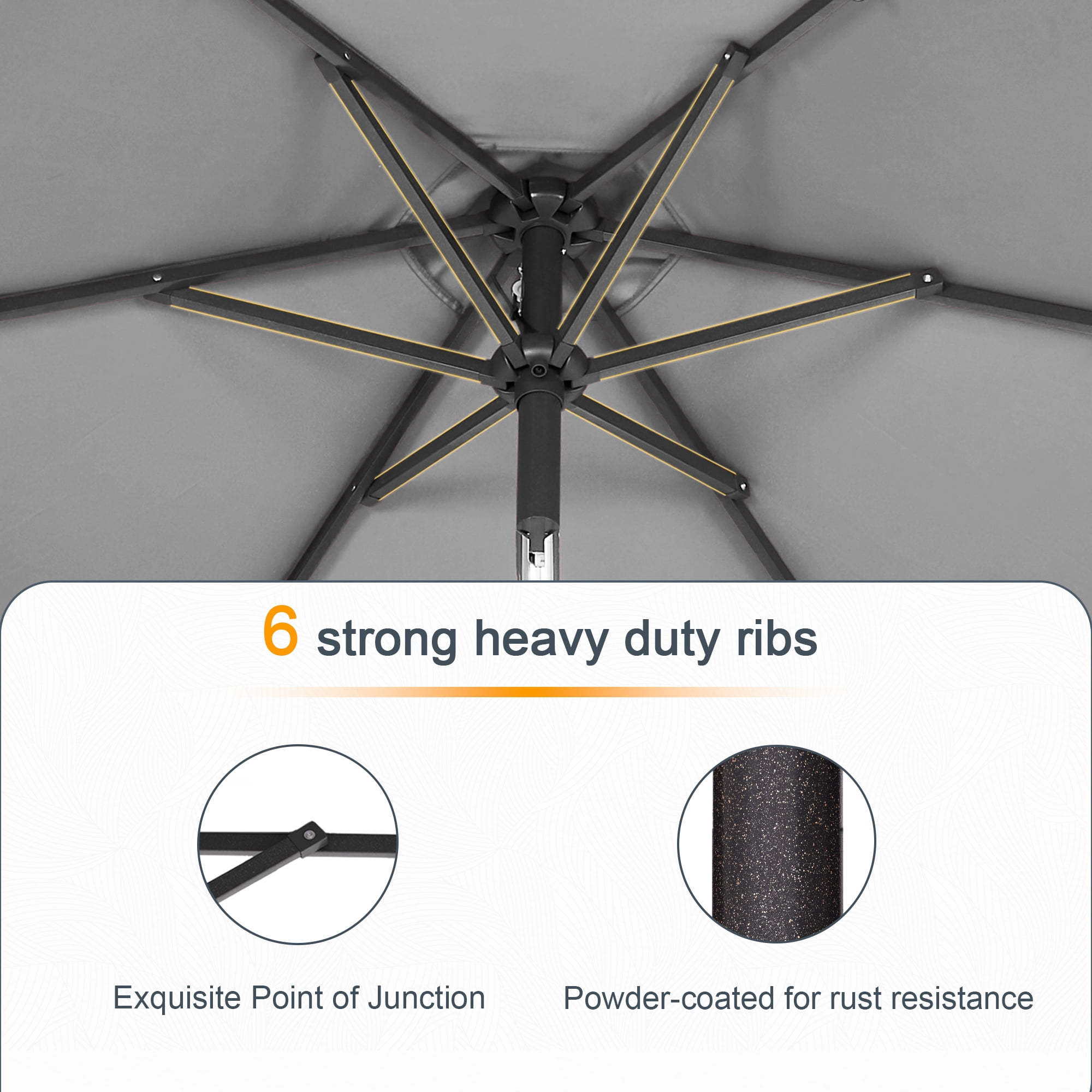 ACEGOSES LED Outdoor Patio 6x9ft Deck Solar Light Market Umbrella, Outside Table Umbrellas With Polyester canopy,Gray