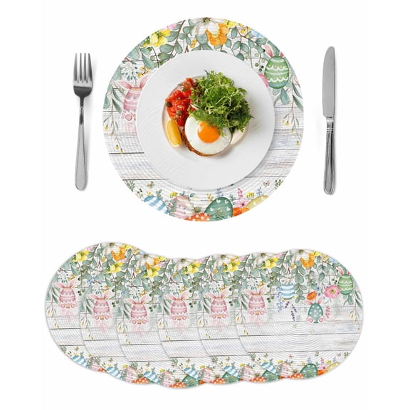 Round Woven Placemats set of 6, Rabbit Eggs Floral Easter Washable&Heat Resistant Plastic Wipeable Placemats for Round Table Spring Flowers Leaves Kitchen Dining Table Decor, 13in, White Wood