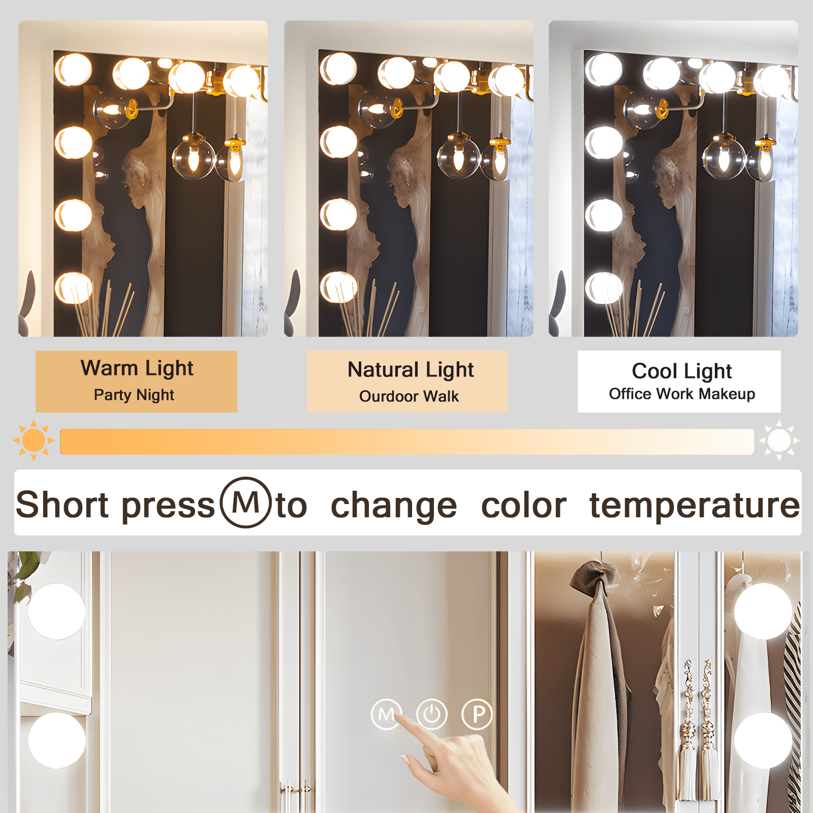 CONGUILIAO Hollywood Vanity Mirror with Lights, Vanity Makeup Mirror with 15 LED Bulbs, 3 Color Lighting Modes, USB Port, Smart Touch Control