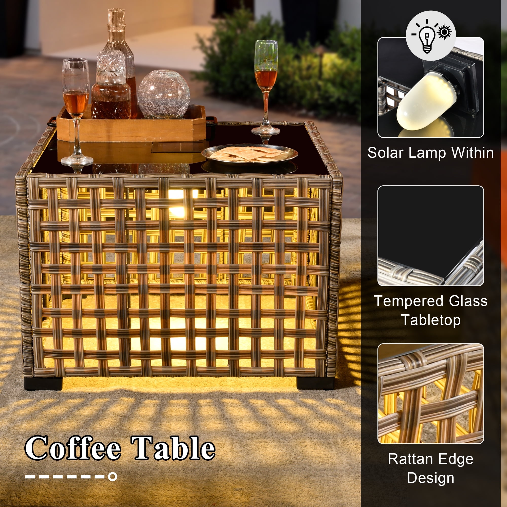 Ovios 5 Pieces Outdoor Patio Furniture Set High-Back Rattan Wicker Conversation Set Outdoor Sectional with Swivel Chairs & Solar Light Coffee Table, Dark Grey