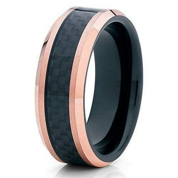 Silly Kings Jewelry Tungsten Wedding Band 8mm Tungsten Carbide Ring Carbon Fiber Inlay Beveled Edges Rose Gold Comfort