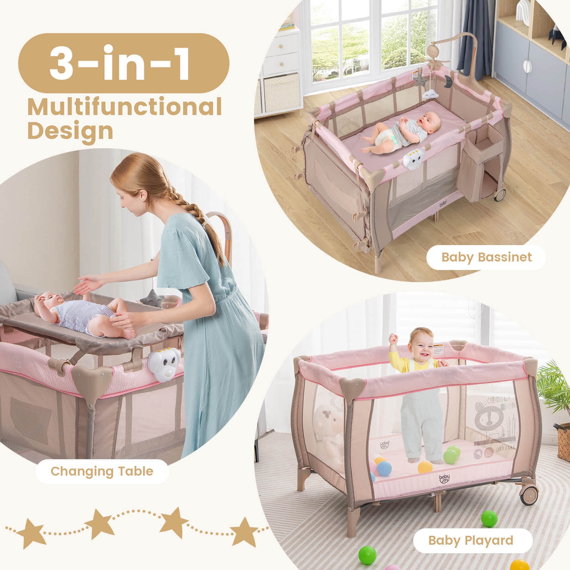 Costway Portable Baby Playard Nursery Center Crib with Hanging Toys & Music Box Pink