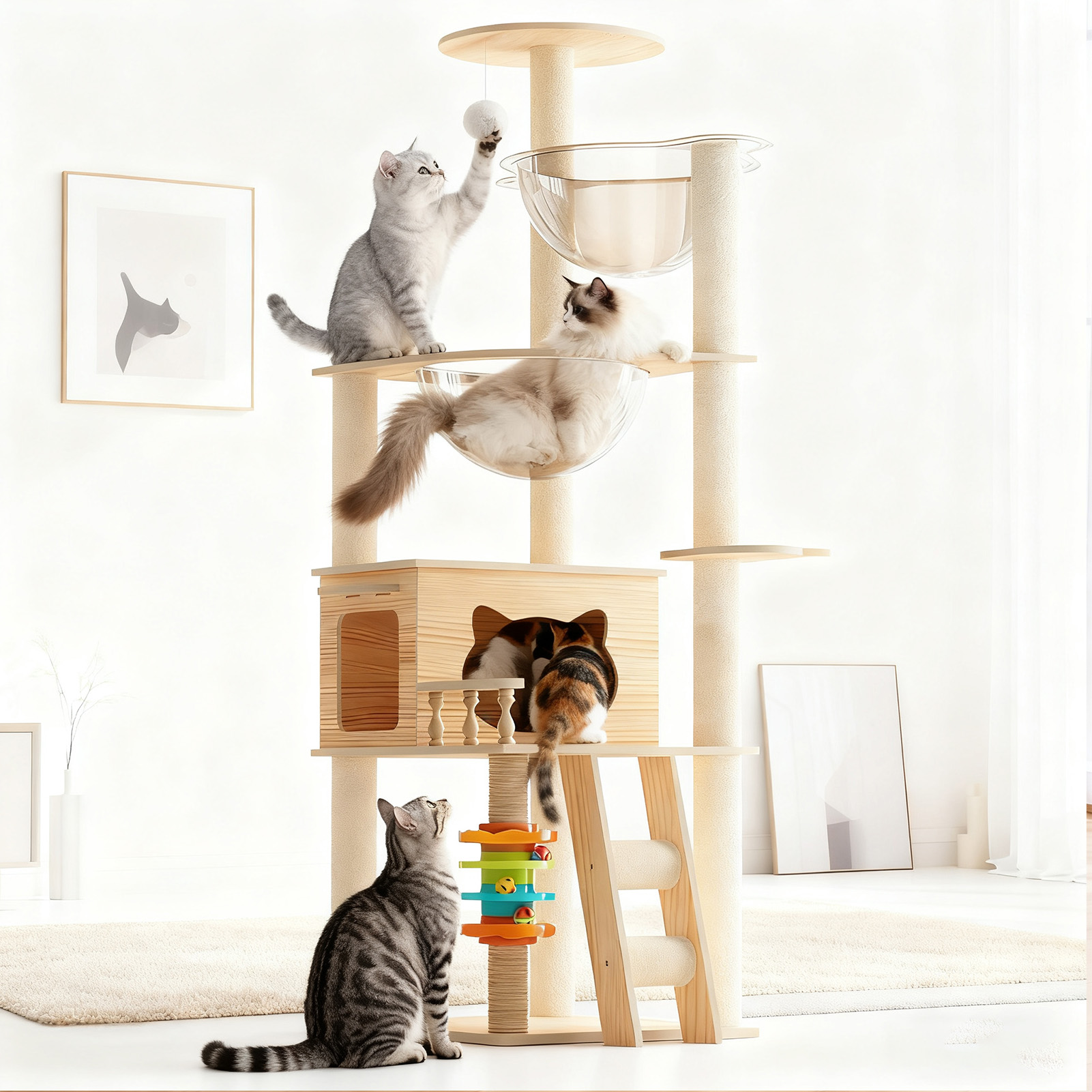 Vacmaster 59" Modern Cat Tower, Wood Cat Tree Tower for Indoor Cats, Cat Treewith Sisal-Covered Scratching Posts and Top Perch, Cat Condo with Acrylic Hammock for Small Large Cats