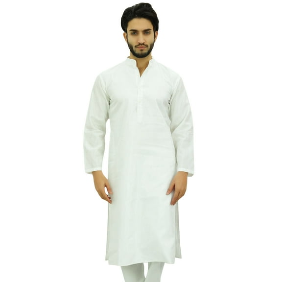 Atasi Men's Plain Ethnic White Dupion Long Shirt Summer Casual Kurta-Small