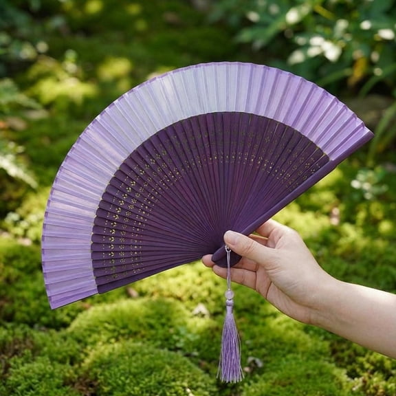 Abbraccia Folding Fan Chinoiserie Bamboo Ribs Handheld Fan Silk Cloth Engraved Pattern Vintage Chinese Traditional Accessory Suitable for Ladies Wedding Party F Vioet