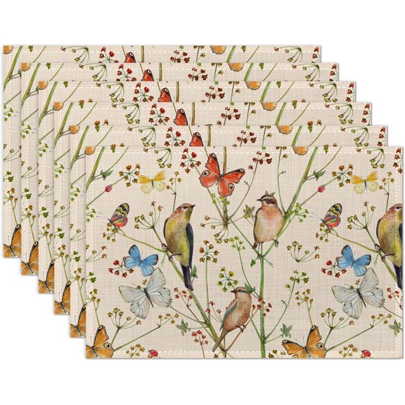 Placemats Set of 6, Vintage Nature with Birds and Butterflies Linen Place Mats,Modern Washable Table Placemats 12"x18" Heat Resistant Table Mats for Dining Kitchen Party Holiday Decoration